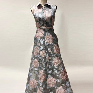 NWT Badgley Mischka Belle Darcy Jacquard Gown Dress Silver Floral Size 2